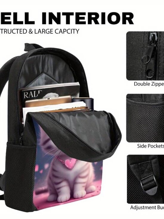 Cartoon Cat 3-Piece Backpack Set 17in with Lunch Box and Pencil Case